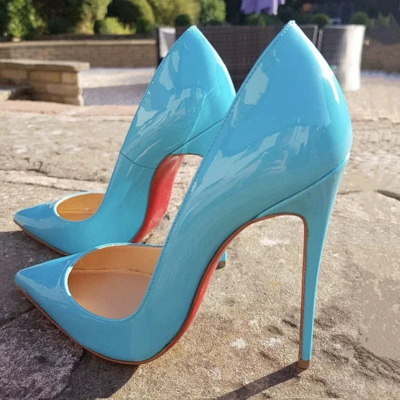 Veowalk Women Glossy Black Patent 12cm Pointy Toe Shallow Stiletto Pumps Classic Elegant OL Ladies Slip on High Heel Dress Shoes