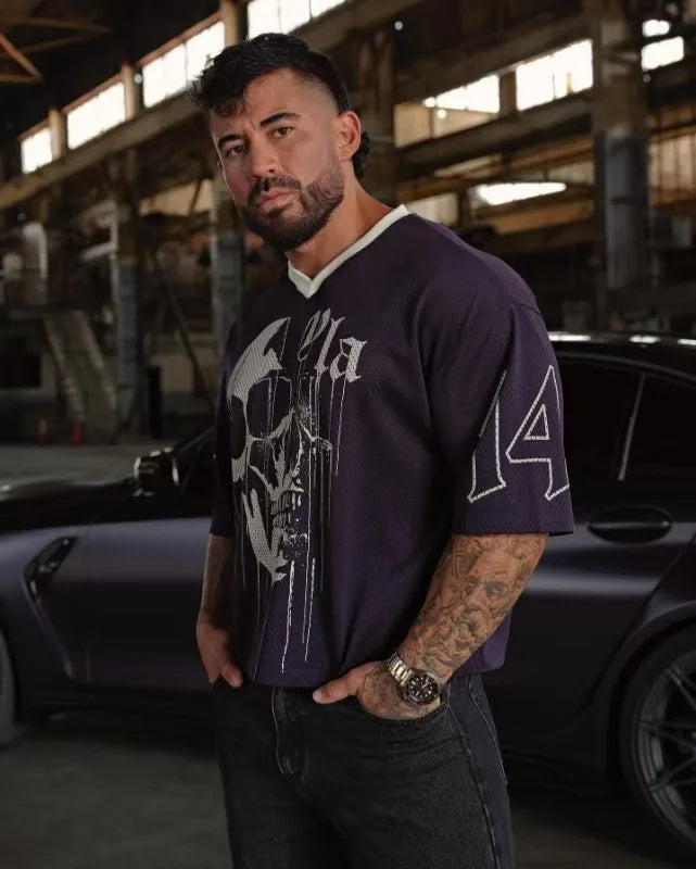 2025 YOUNG tide brand oversized T-shirt gym men's exercise and fitness quick-drying breathable large mesh printed short-sleeved