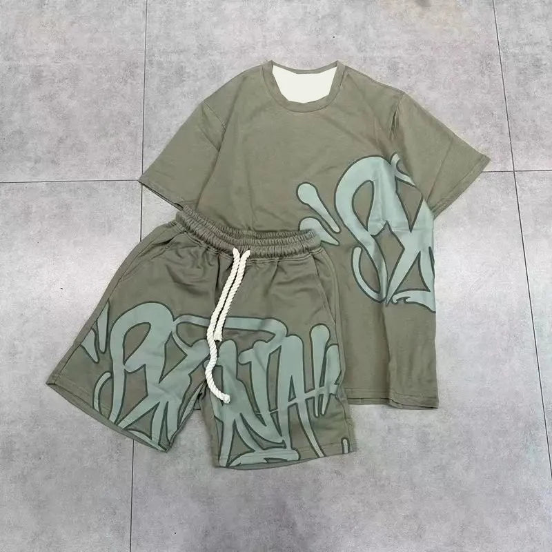 2025 Motorcycle Quick Drying American Men's Suit Oversize Men's T-shirt Shorts Fashion Printing Casual Sports Round