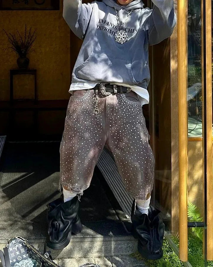 New Streetwear Twinkle Diamond Rivet Denim Shorts Harajuku Goth Retro Washed Brown Shorts High Waist Pants Mens Womens Clothing