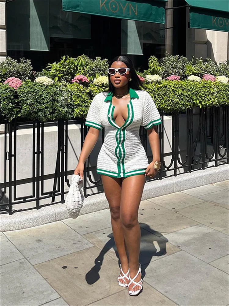 InGrily O-Neck Crochet Women Dress Single-Breasted Shorts Sleeve Green Edge Peach Hip Thin Tight Bodycon Streetwear Hipsters