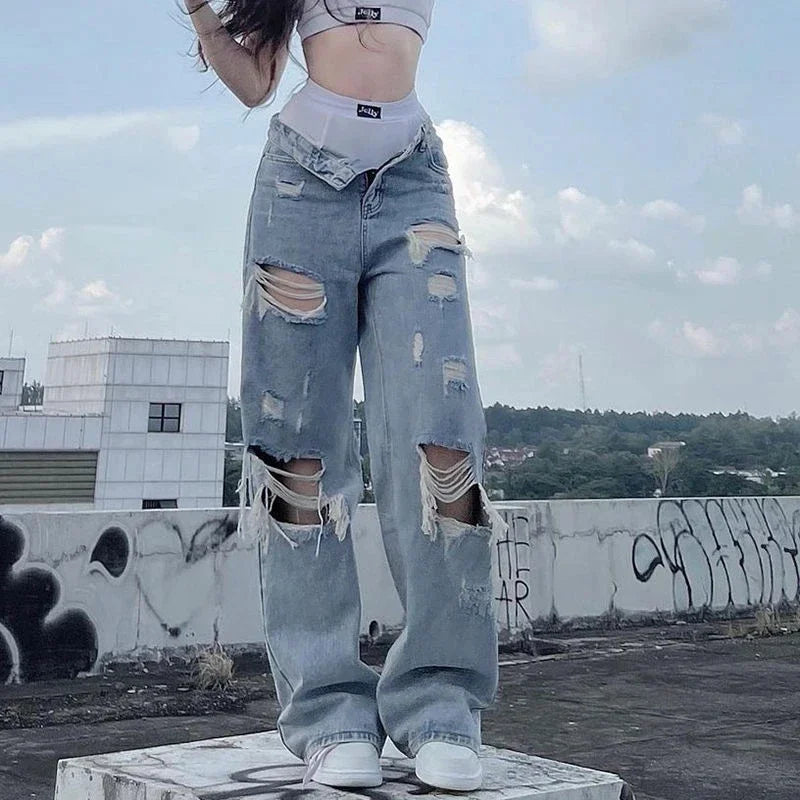 New Low Waist Retro Alien Embroidery Women Jeans 2023 Fashion Baggy Straight Leg Pants Y2k Denim Trousers Casual Washed Jeans