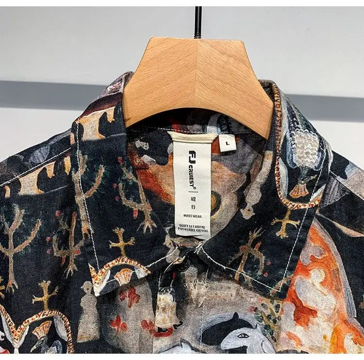 Printed Men Short Sleeved Linen Top Japanese Retro Summer Open Top Shirt