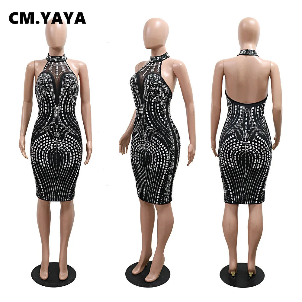 CM.YAYA Women Sleeveless Diamonds Hot Rhinestones Bodycon Midi Dress 2024 Fall Sexy Street Party Club Evening Birthday Dresses