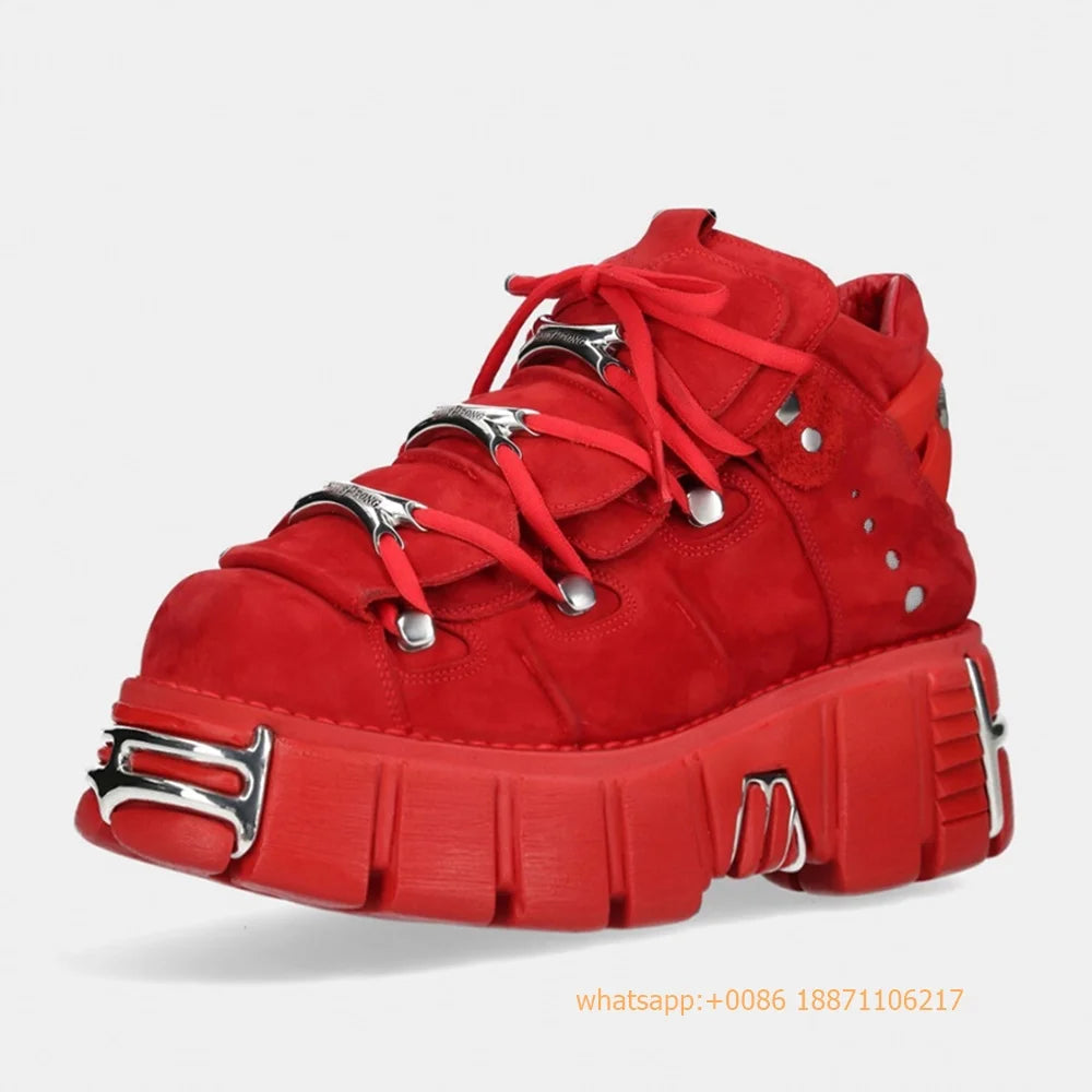 Red Metal Rivet Sports Casual Boots Fashion Women's Round Toe Lace-Up Sport Pumps 2024 New Street Rock Punk Platform Ankle Boots