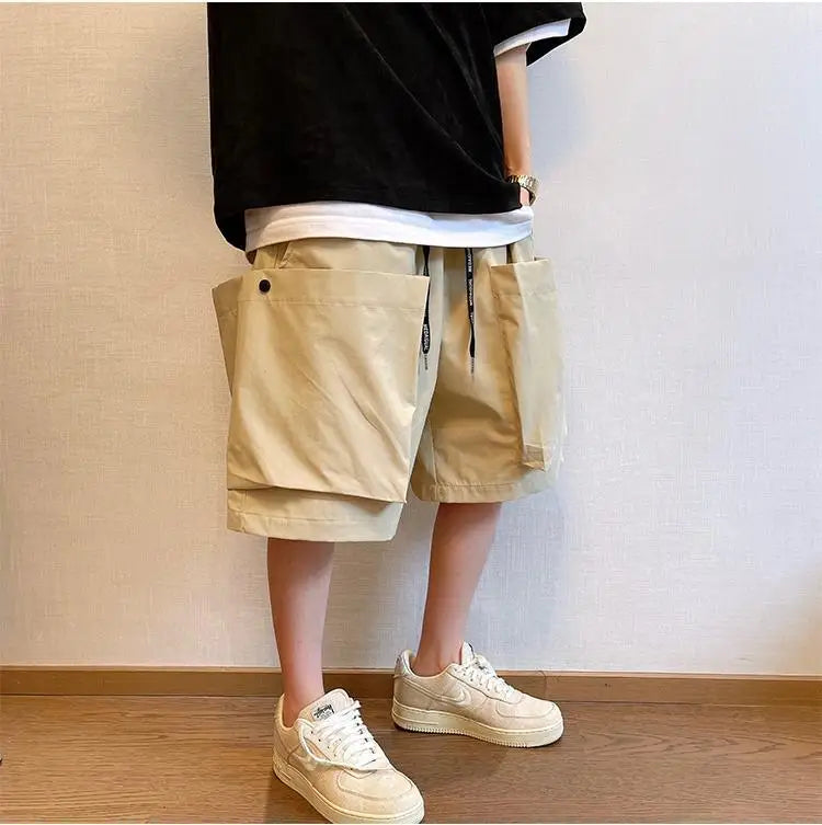 Summer Solid Pockets Large Size Shorts Men's High Street Loose Casual Workwear Five-quarter Pants Men Bottom Male Sportswear