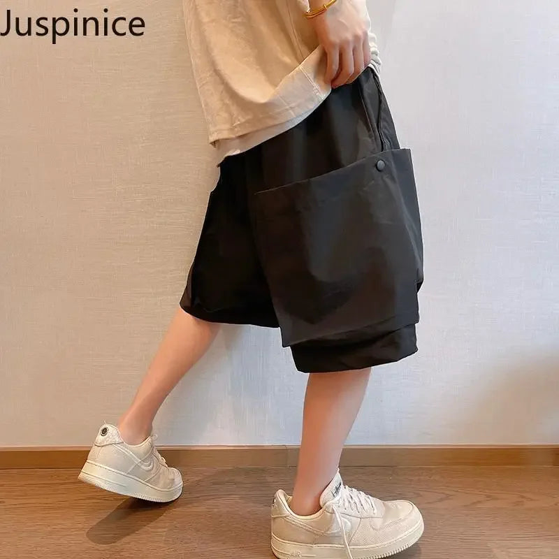 Summer Solid Pockets Large Size Shorts Men's High Street Loose Casual Workwear Five-quarter Pants Men Bottom Male Sportswear