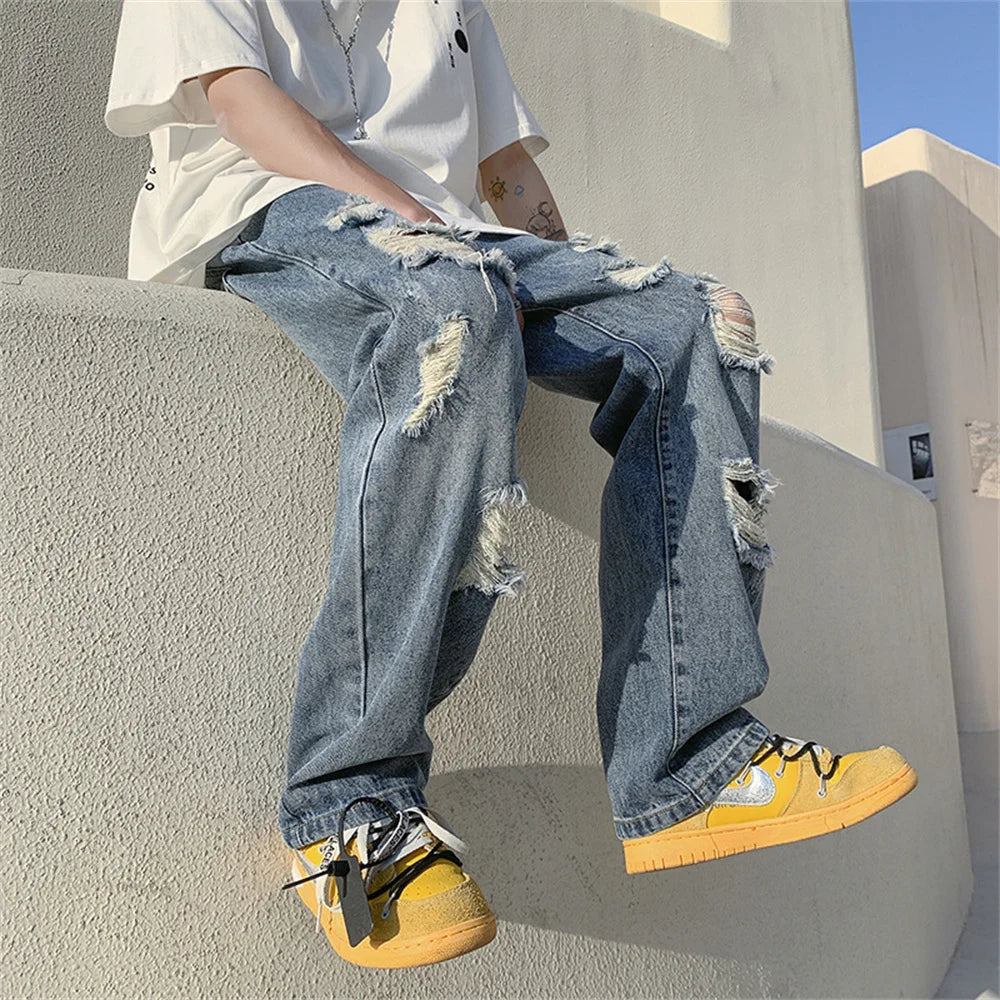 Summer Blue Black Ripped Jeans Men Fashion Casual Wide Leg Jeans Mens Streetwear Loose Hip Hop Straight Hole Denim Pants Men