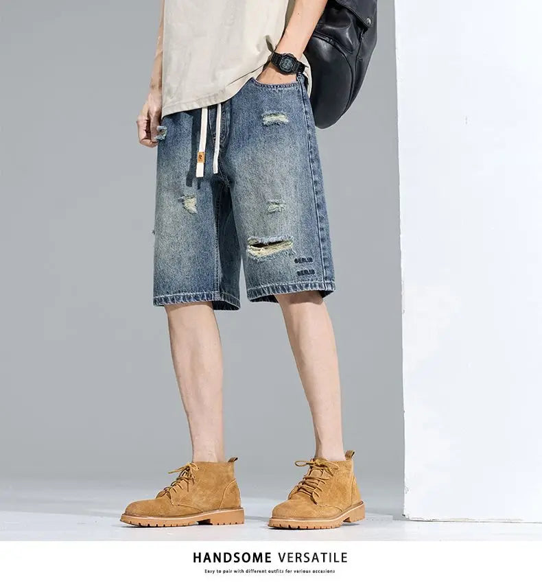 Casual Cargo Denim Shorts Men Elastic Waist Straight Comfortable Light Color Soft Short Pants Baggy Wide Bermuda Male Y2k Jeans