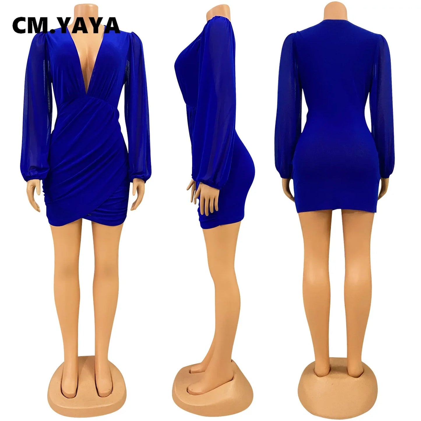 CM.YAYA Women Long Sleeve Ruched V-neck Mesh Birthday Bodycon Midi Dress 2023 Autumn Winter Evening Party Dresses Vestidos