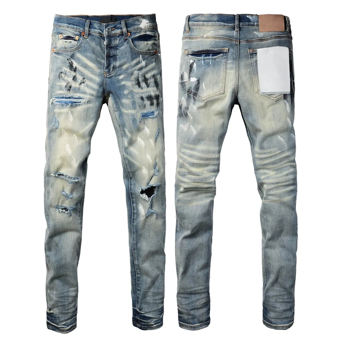 New jeans Men Fashion  Americans High Street Retro Wash Distressed Graffiti Ripped Hole Patch Stretch Skinny Jeans Brand pants