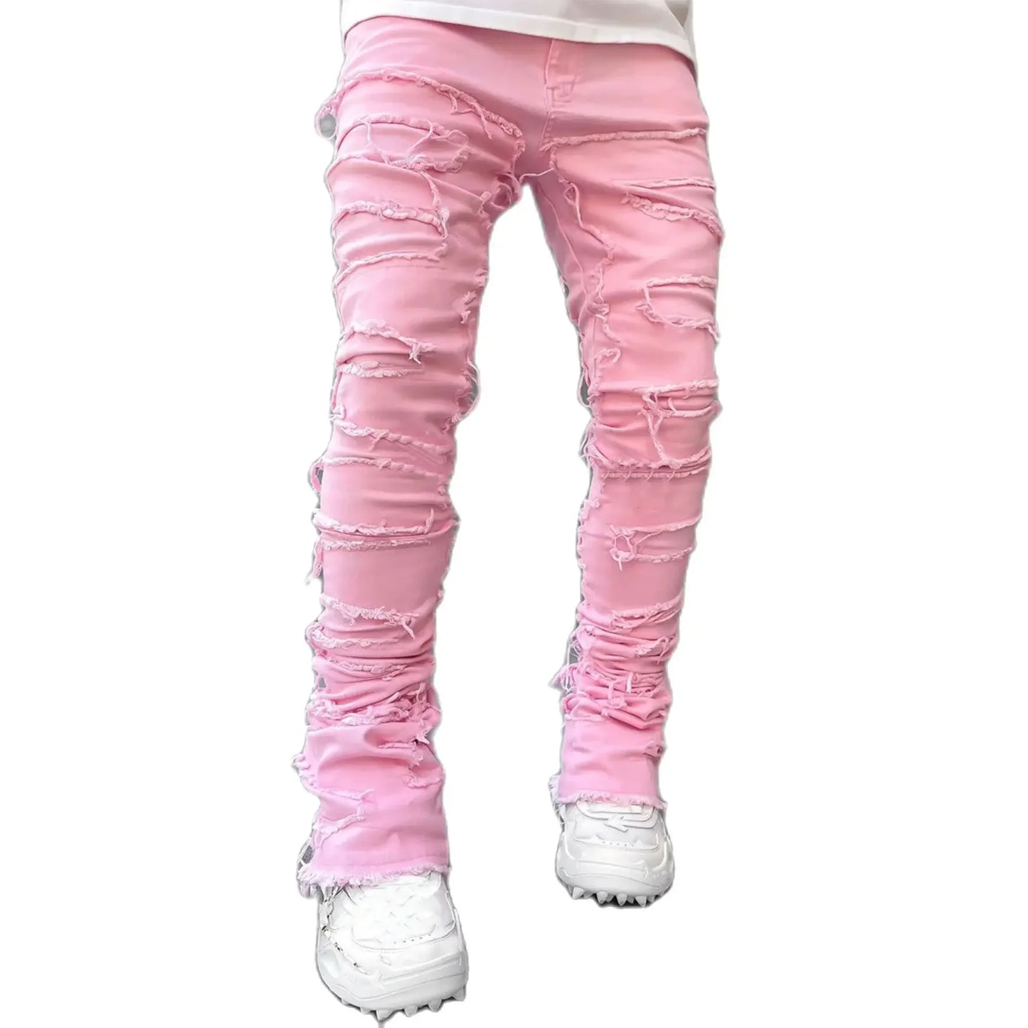 Men's Casual Distressed Jeans Tassels Patchwork Design Slim Fit Solid Color Stretch Denim Pants Straight Leg Streetwear Trousers