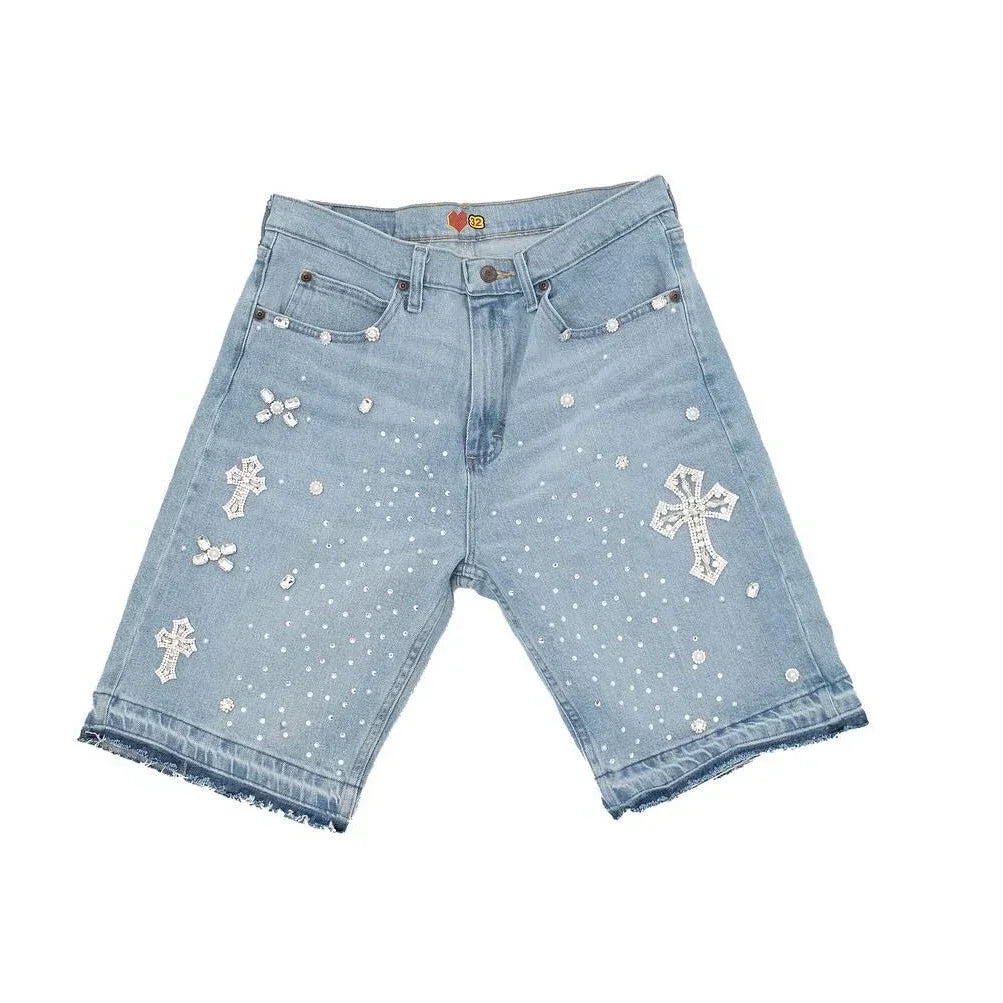 New Streetwear Twinkle Diamond Rivet Denim Shorts Harajuku Goth Retro Washed Brown Shorts High Waist Pants Mens Womens Clothing