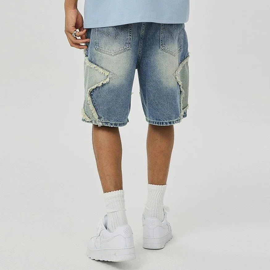High Street Washed Stars Patchwork Baggy Jeans Shorts for Men Wide Leg Straight Casual Denim Five Point Pants Oversized