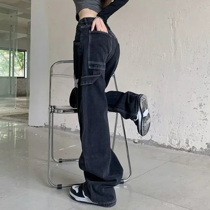 Women Retro Designer Jeans Pants Lady Star Printed High Waisted Denim Pants Girls Fashion Baggy Wide Leg Jeans Trousers