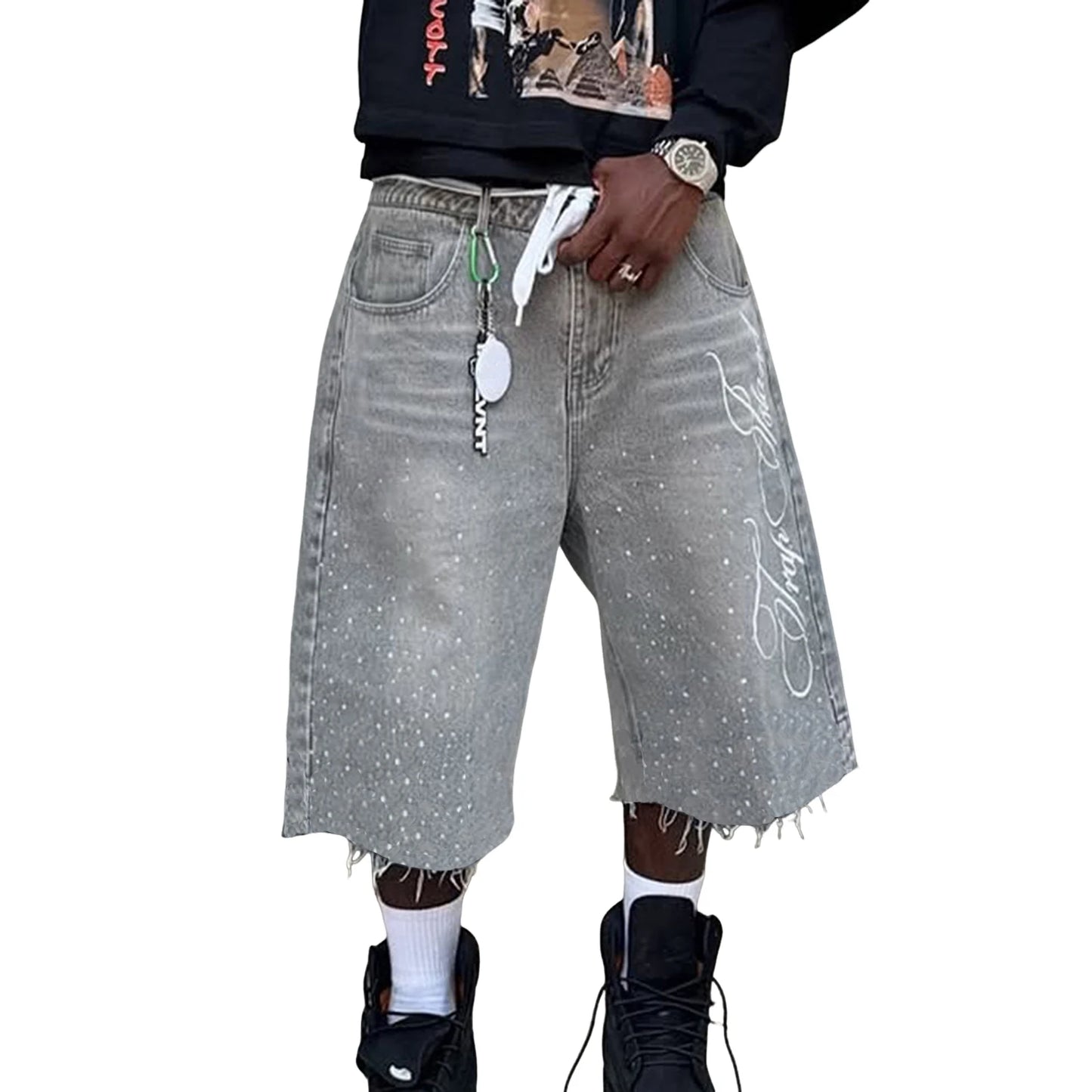 Men Knee Length Denim Shorts Embroidered Rhinestone Jeans Shorts For Beach Vacation Summer Daily Wear Outdoor Streetwear