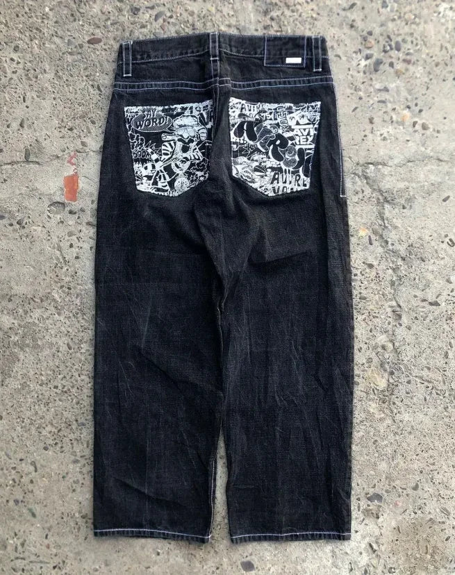 American-style classic style leopard letter rivet straight jeans men and women summer retro punk rock low waist wide-leg pants