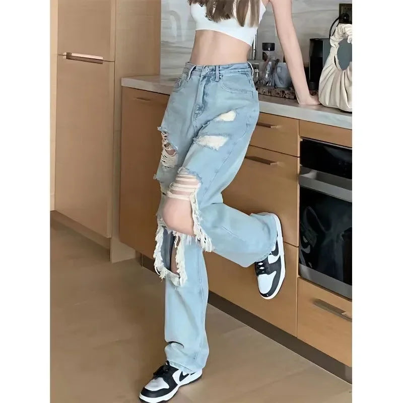 Fashionable Straight-Leg Jeans With Large Rip For Women High-Waisted Slimming Street Style Wide-Leg Trousers Summer New Arrival