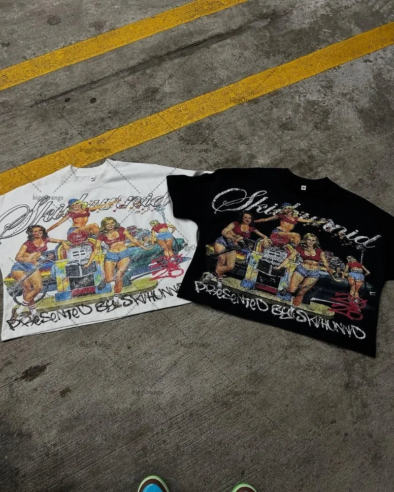 2025 American Hip-hop Oversized T-shirt Y2K Streetwear Men Casual High Street Harajuku Trendy Pure Cotton Round Neck top Women