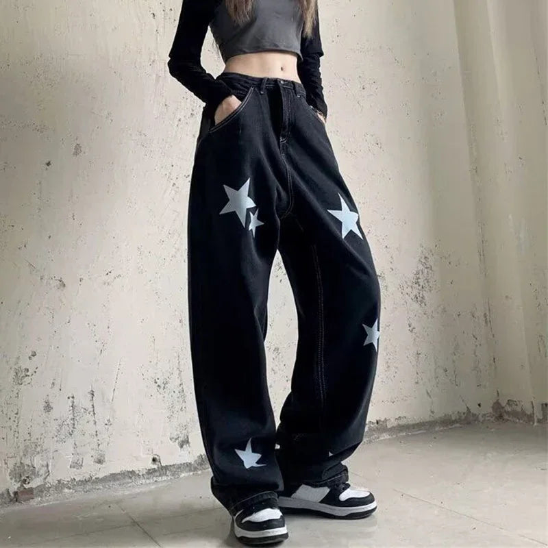 Women Retro Designer Jeans Pants Lady Star Printed High Waisted Denim Pants Girls Fashion Baggy Wide Leg Jeans Trousers