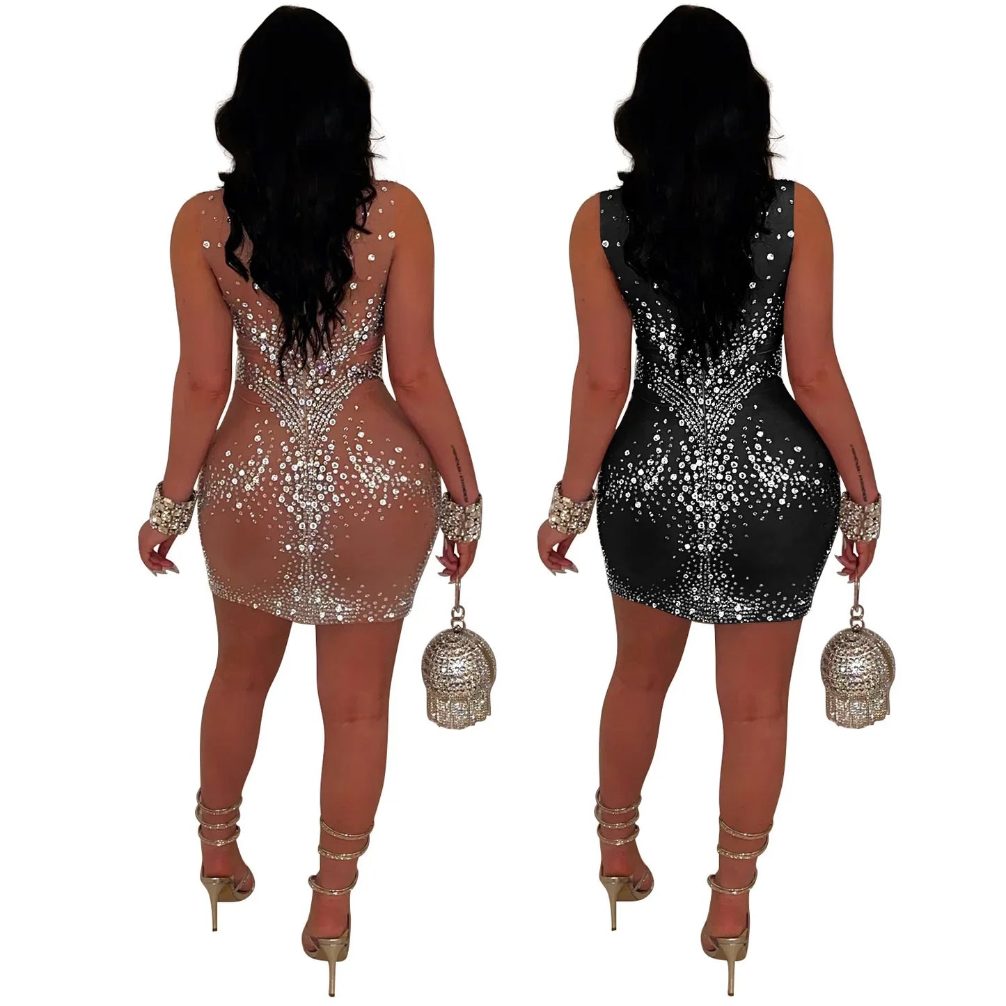 Z2255 Cross-Border Summer New Women's Clothing Sexy Mesh Rhinestone Sleeveless Dress Mini Dress Bodycon Skirt Women's