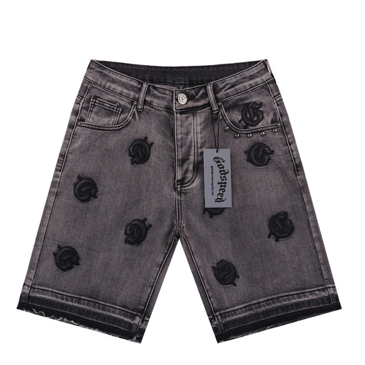 Vintage Pu Leather Logo Embroidery Summer Shorts Jeans for Men Washed Straight Casual Five Point Pants Oversized Denim Short