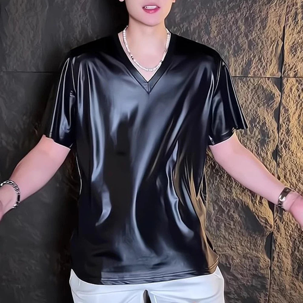 Mens T-Shirt Y2k Shiny Plain Stretch T-Shirt Spring Summer Streetwear Niche Personality Short-Sleeve Top Men'S Clothing 2025 New