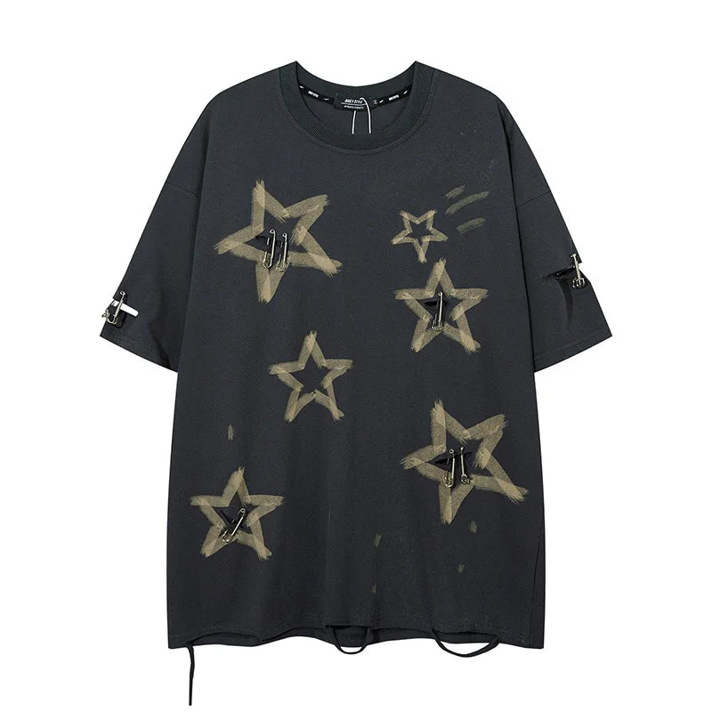 Fashion High Street Oversized Hip Hop T Shirts Streetwear Ripped Tees Star Printed Loose Fit Short Sleeve Tops Tshirt