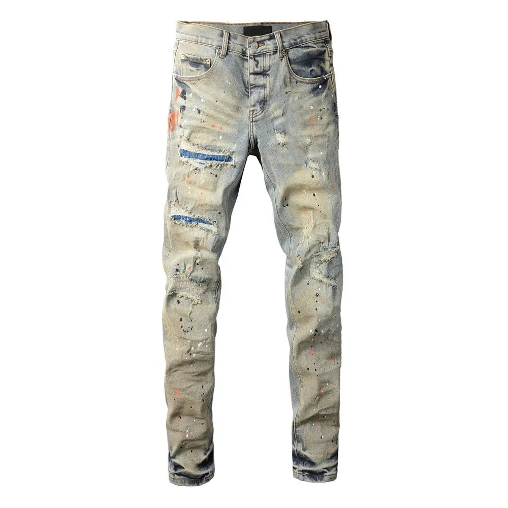 New jeans Men Fashion  Americans High Street Retro Wash Distressed Graffiti Ripped Hole Patch Stretch Skinny Jeans Brand pants