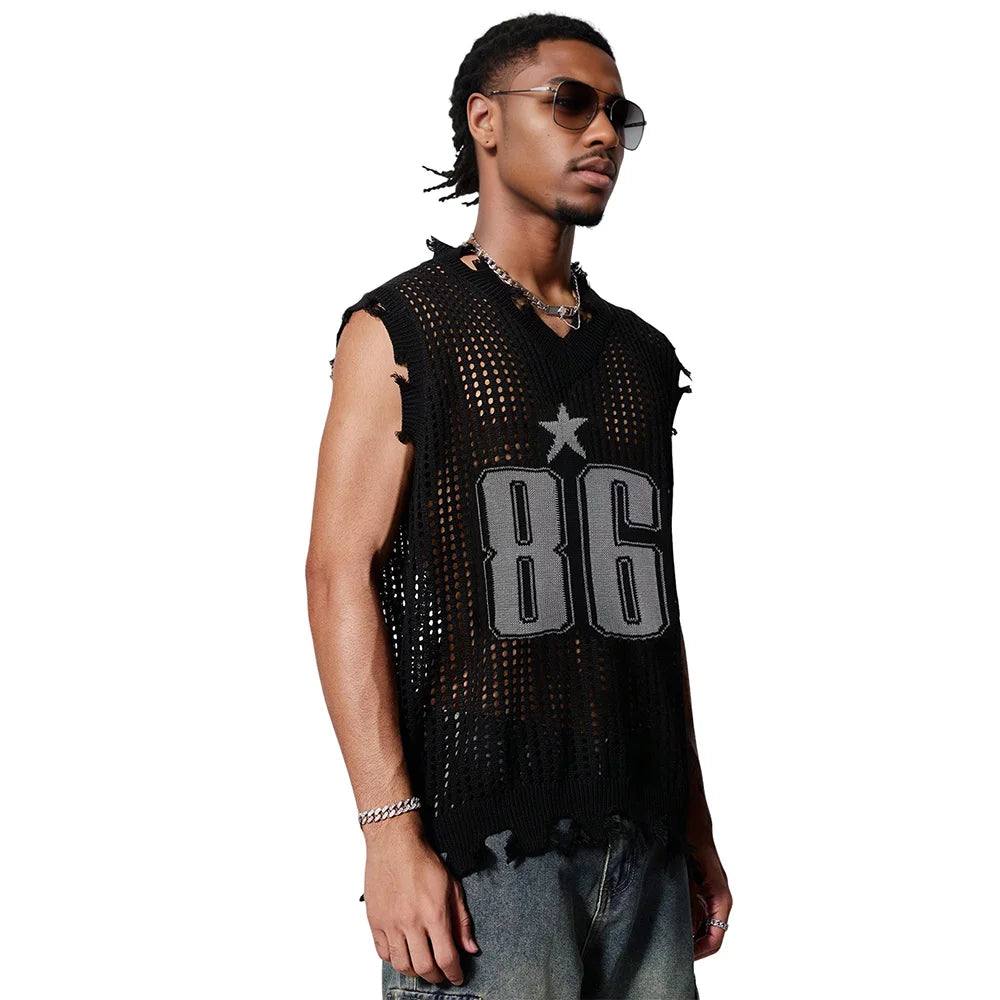 Men's Vest Summer Fashion Knitted Letter Pattern Mesh Sleeveless Vest Casual Breathable Knit Soft Vest Top Men US Size
