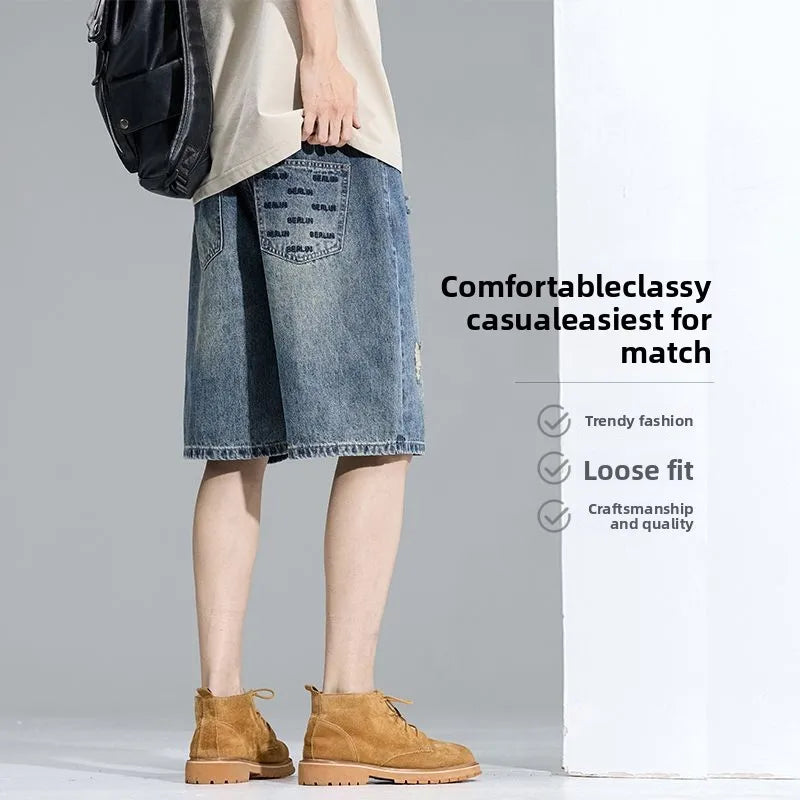 Casual Cargo Denim Shorts Men Elastic Waist Straight Comfortable Light Color Soft Short Pants Baggy Wide Bermuda Male Y2k Jeans