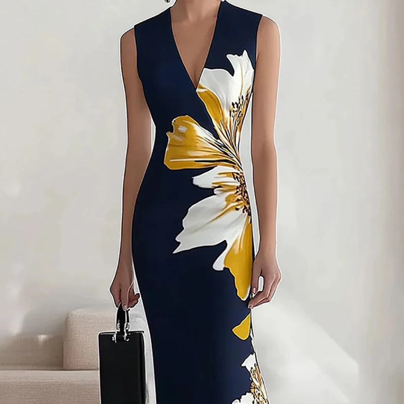 Vestido Sexy V Neck Long Party Dresses Woman Elegant Floral Print Office Maxi Dress New Spring Summer Sleeveless Chic Boho Dress