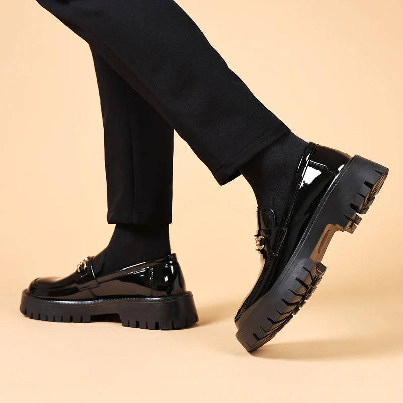 STRONGSHEN Men Leather Shoes Platform Loafers Thick-soled Patent Leather Wedding Shoes Formal Business Shoes Slip-on Casual Shoe
