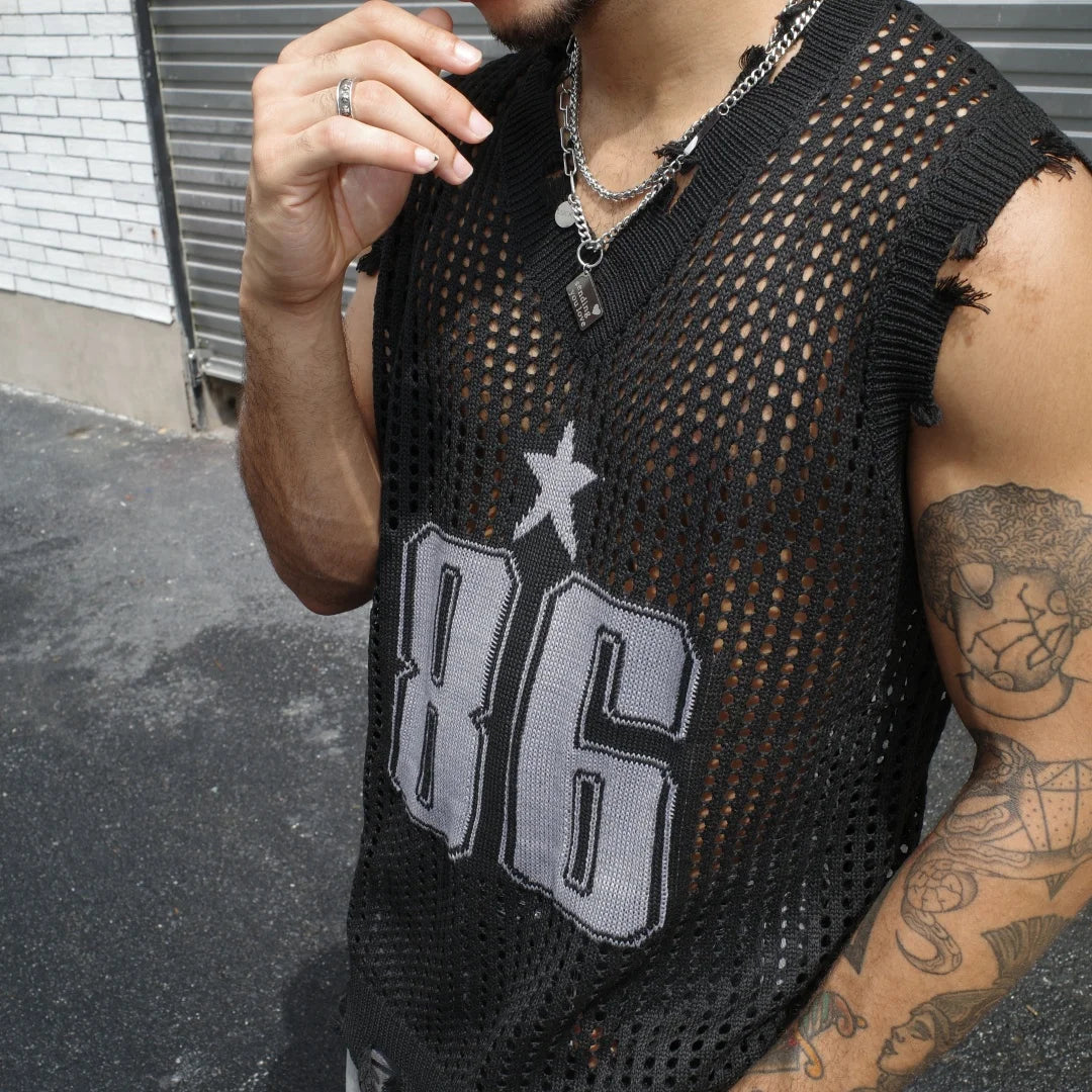 Slavinson Men's Vest Summer Fashion Knitted Letter Pattern Mesh Sleeveless Vest Casual Breathable Knit Soft Vest Top Men US Size