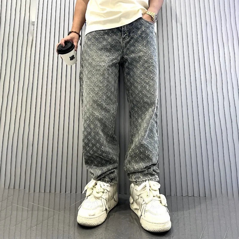 Jacquard Pattern Denim Pants Male Straight Fitting Baggy Bottoms Distressed Wide Jeans For Men