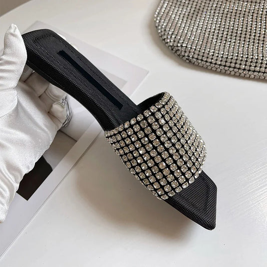 Ladies Shiny Crystal Slippers Summer Women Flat Slides Shoes Rhinestone Beading Sandals Female Clear Flipflops