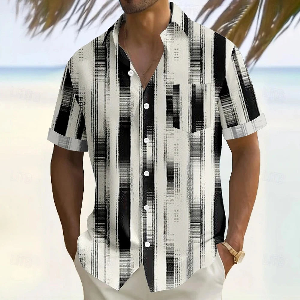 Summer Men's Shirts 3D Casual Plaid Stripe Pattern Hawaiian Button Short Sleeve Shirt Men Clothes Loose Men's Shirts Male Shirts