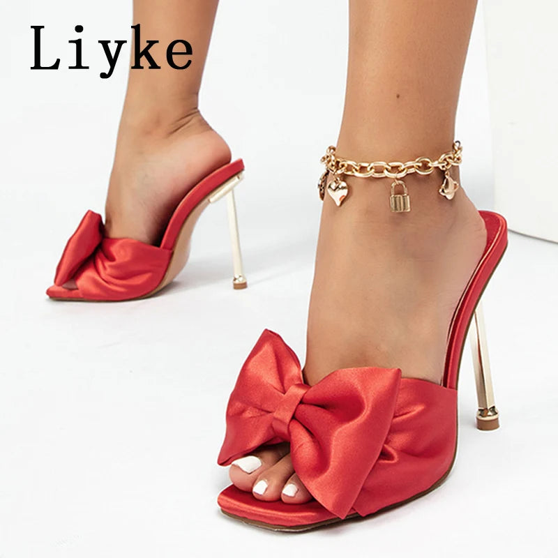 Liyke Fashion Yellow Green Silk Butterfly-Knot Women Slippers Mule High Heels Gladiator Sandals Flip Flop Square Toe Party Shoes