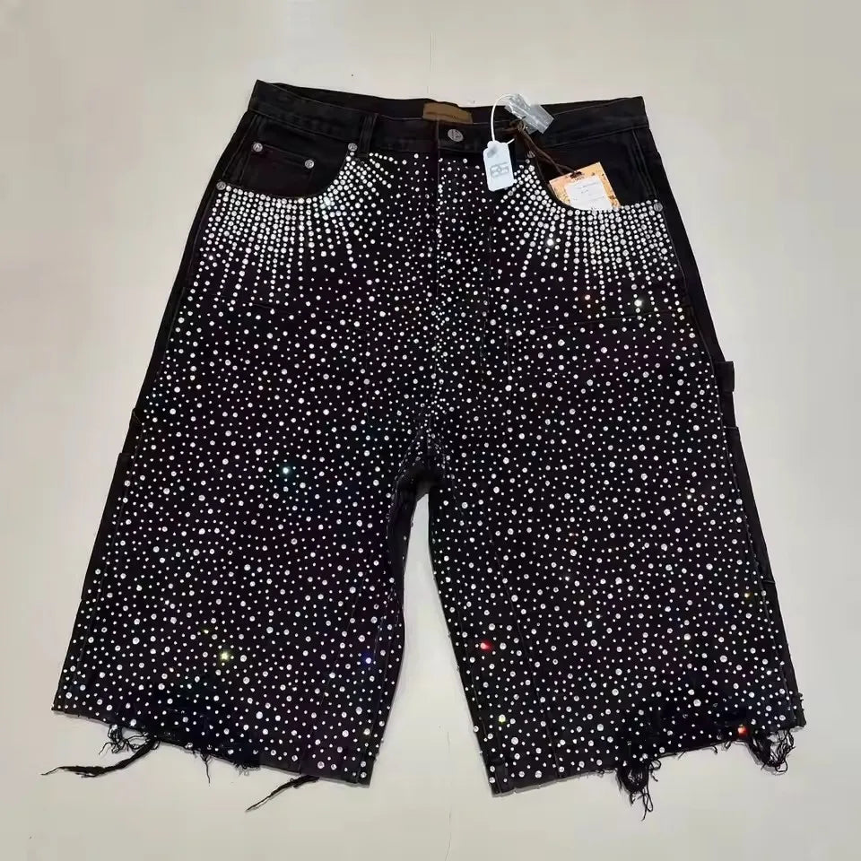 American Retro Rhinestone Sequin Denim Shorts Y2K Jeans Men Women Retro Ribbon Washed Baggy Shorts Low Waist Over The Knee Pants
