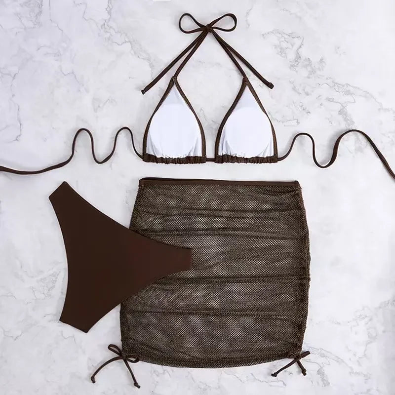 3 Pieces Solid Swimsuit Women Triangle String Bikini 2025 Sexy Swimwear Female With Drawstring Skirt Bathing Swimming Swim Suit