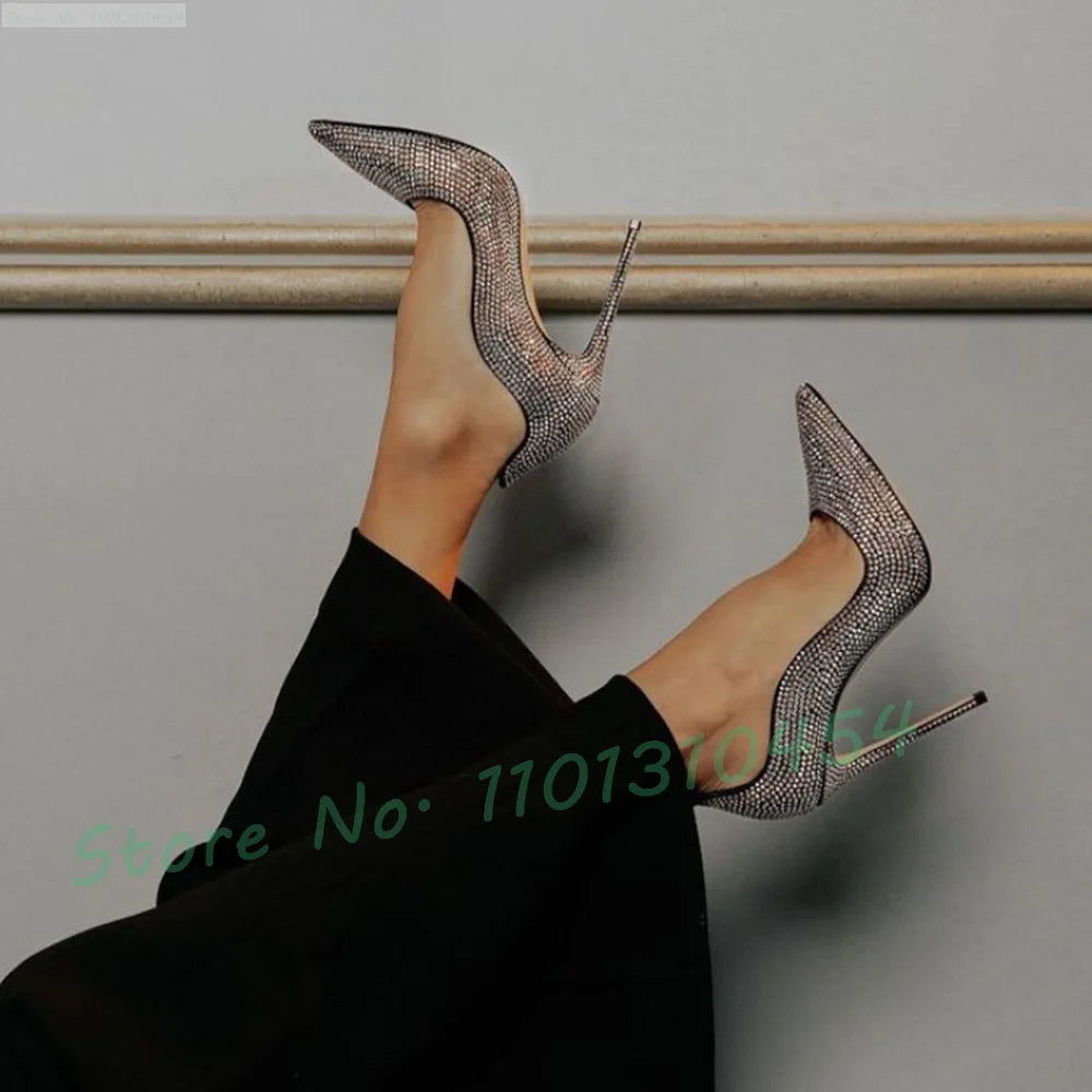 Crystal Glitter Curved Pointy Pumps Women 2025 Sparkly Stiletto High Heels Party Shoes Luxury Shiny Leather Ladies Wedding Pumps