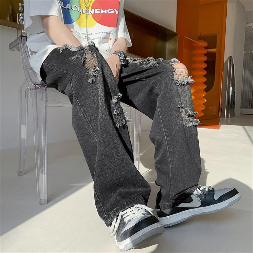 Summer Blue Black Ripped Jeans Men Fashion Casual Wide Leg Jeans Mens Streetwear Loose Hip Hop Straight Hole Denim Pants Men