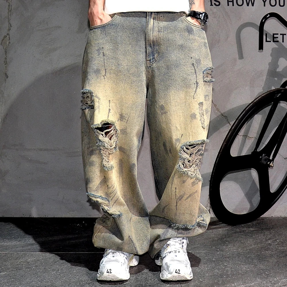 Streetwear Baggy Jeans Men Ripped Distressed Denim Pants Hip Hop Stacked Vintage Skateboard Straight Leg High Quality Trousers