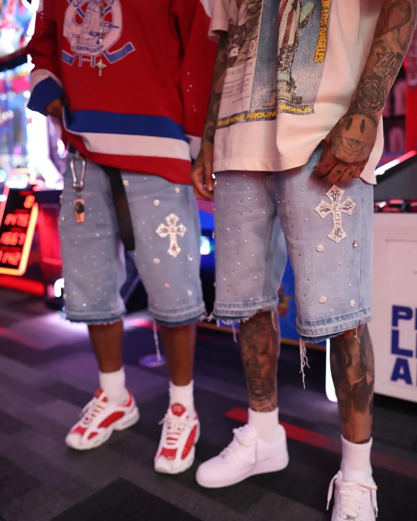 Embroidered denim shorts retro blue casual pants Y2K gothic high street trend diamond cross pattern street clothing hip hop men