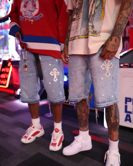 Embroidered denim shorts retro blue casual pants Y2K gothic high street trend diamond cross pattern street clothing hip hop men