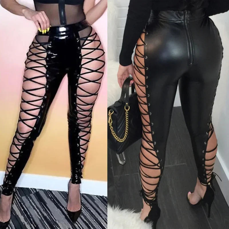 Women's Lace Up PU Leather Pants Chic High Waist Hollow Out Drawstring Bandage Cut Out Faux Leather Trousers