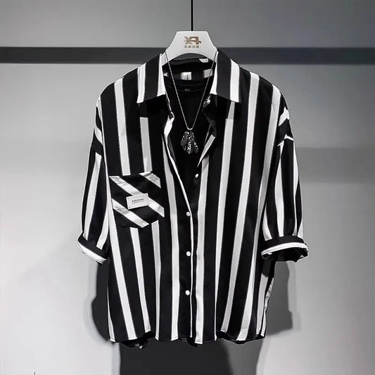 Men's Clothing Japanese Style Vintage Stripe Shirt Summer New Casual Loose Fit Lightweight Minimalist Trendy Top