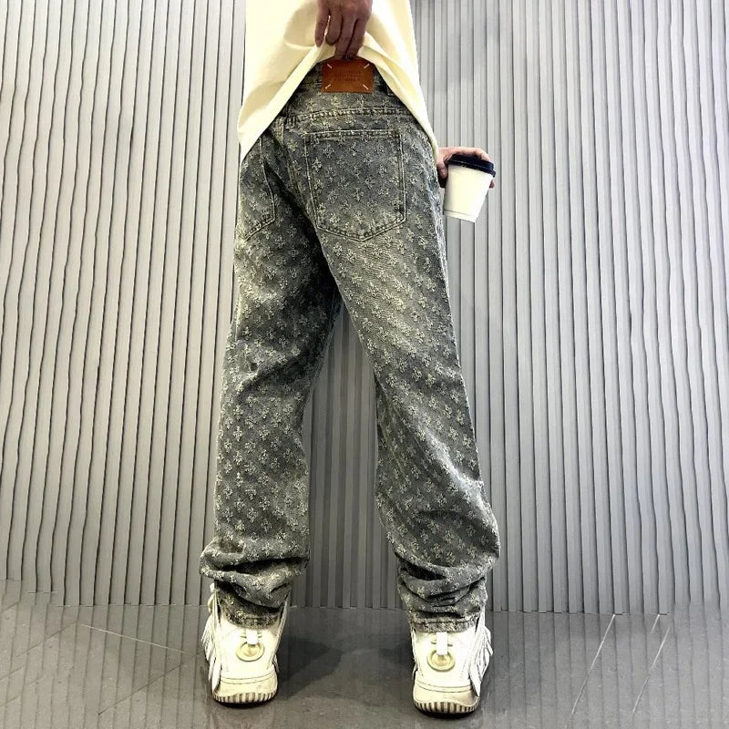 Jacquard Pattern Denim Pants Male Straight Fitting Baggy Bottoms Distressed Wide Jeans For Men