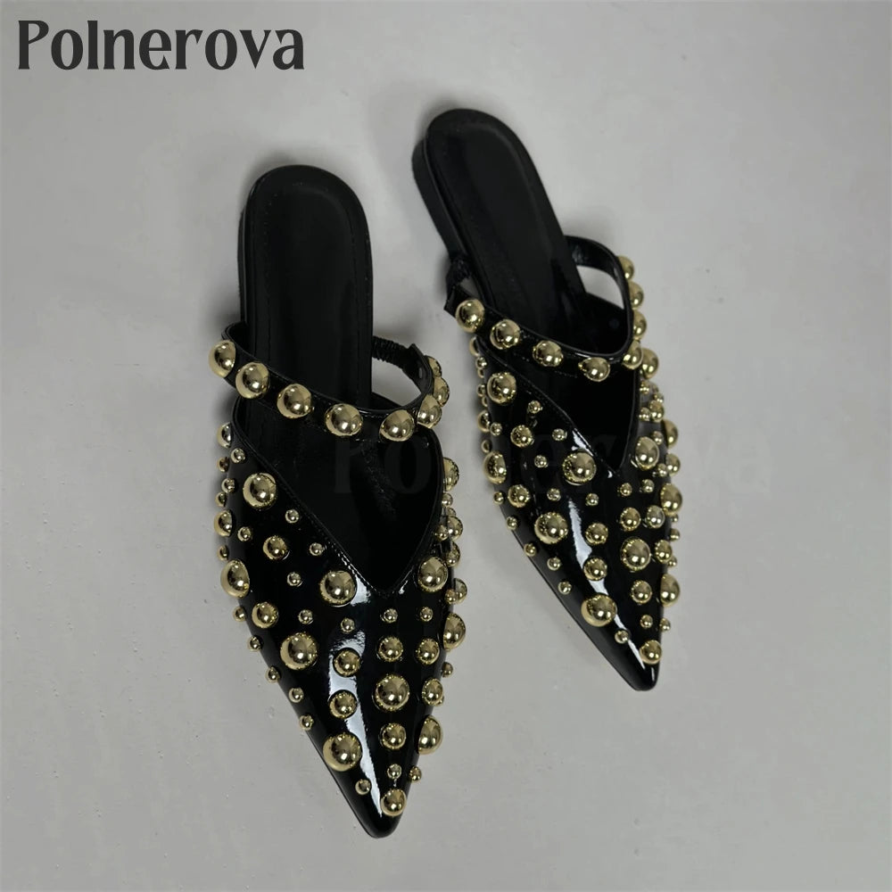 Metallic Beaded Pointed Toe Slippers Sexy Fashion Flat Slippers Custom Color Black Patent Leather Accessories Slip on Shoes New