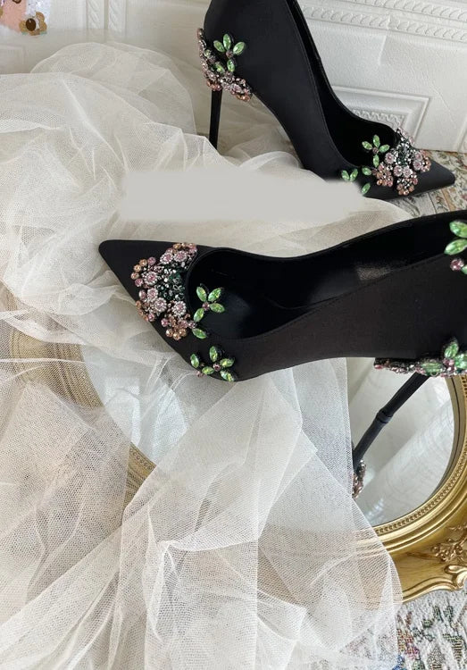 Black Satin Colorful Designer Flower Rhinestone Pointed Toe High-Heeled Women's Pumps Solid Rubber AntiSlip Lady's Shoes